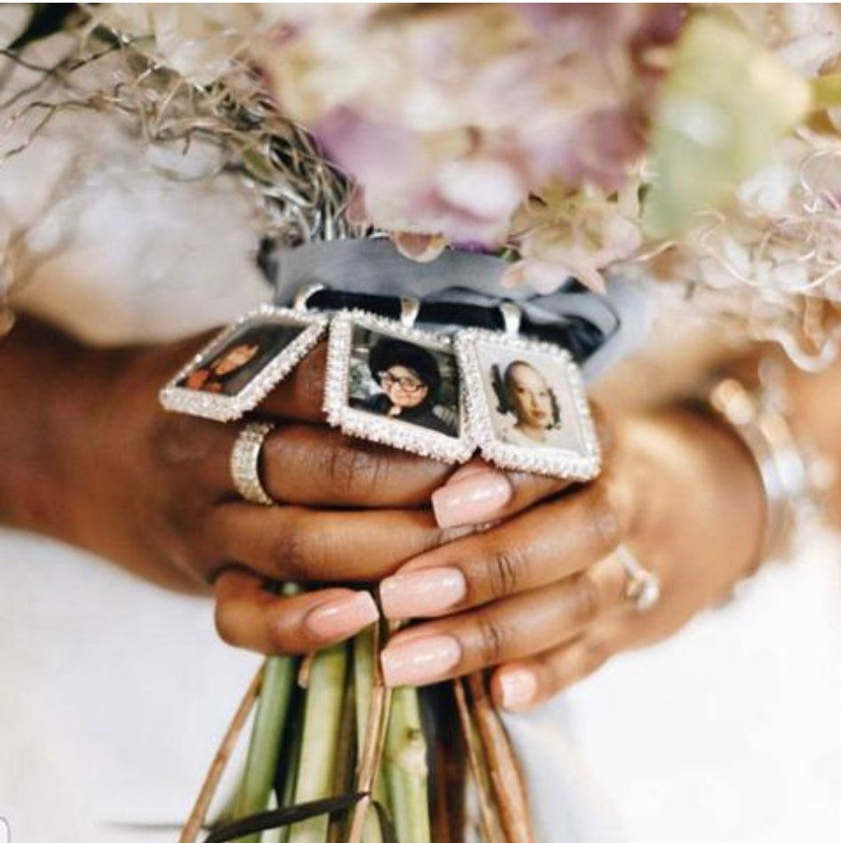 Rhinestone Square Wedding Bouquet Photo Pendant