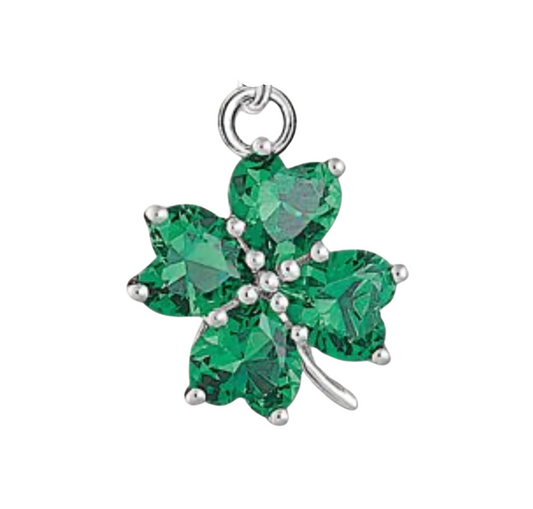 Silver Four-Leaf Clover Charm – Rhinestone Lucky Green Shamrock