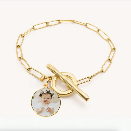 18mm Personalized  Round Photo Charm for Charm Bracelet – Gold-Plated Stainless Steel.