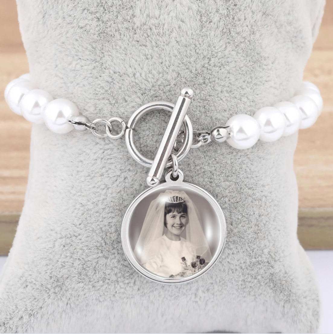 Personalized Pearl Charm Bracelet Adjustable Photo Keepsake - Perfect Pendants Plus