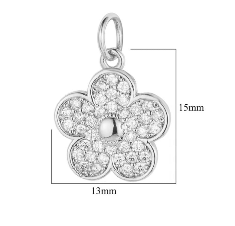 Silver Small Flower Charm Cubic Zirconia for Bracelets, Necklaces Jewelry Making