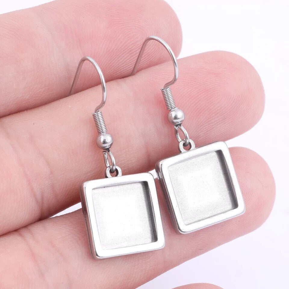 Kits 12mm Square Stainless Steel Earring Making Kits Pendant Setting, Glass, & Wires - Perfect Pendants Plus